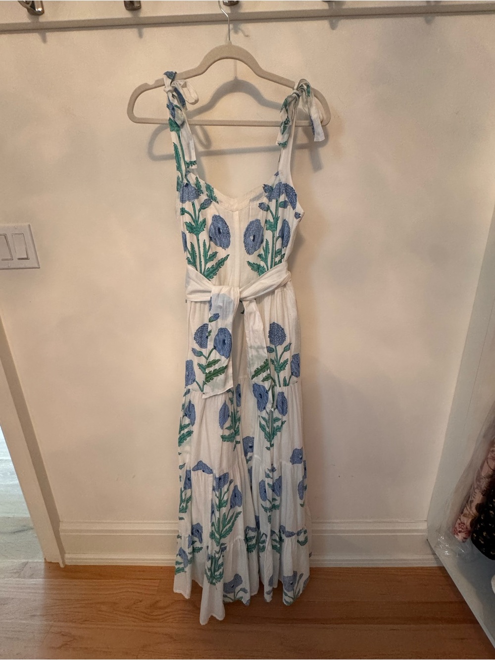Beau & Ro White Floral Tie-Shoulder Maxi Dress with Blue & Green Print